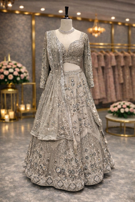 Silver Metallic Designer Lehenga with Antique Resham, Pearl & Mirror Detailing