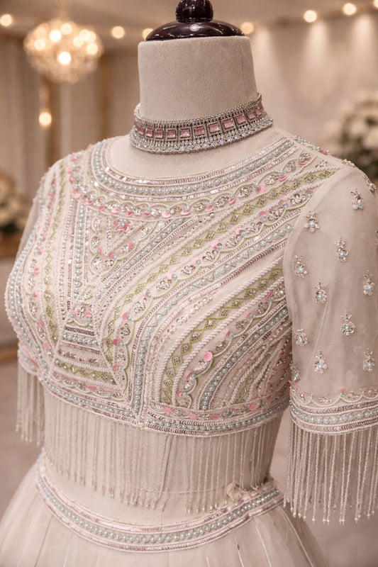 Elegant White Organza Lehenga with Multicolor Floral Patchwork Embroidery