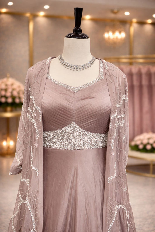Rose Gold Indo-Western Gown with Embroidered Jacket and Kardana Sequin Work