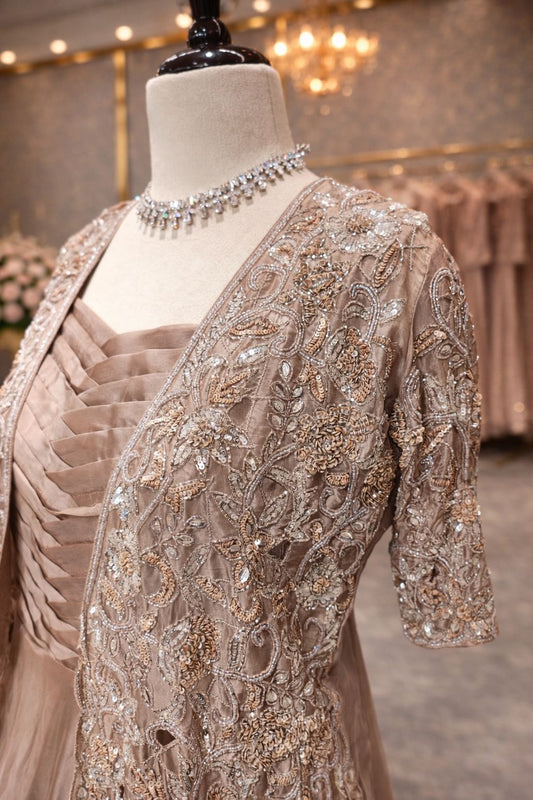 Rose Gold Indo-Western Layered Gown with Sequin & Kardana Embroidered Jacket