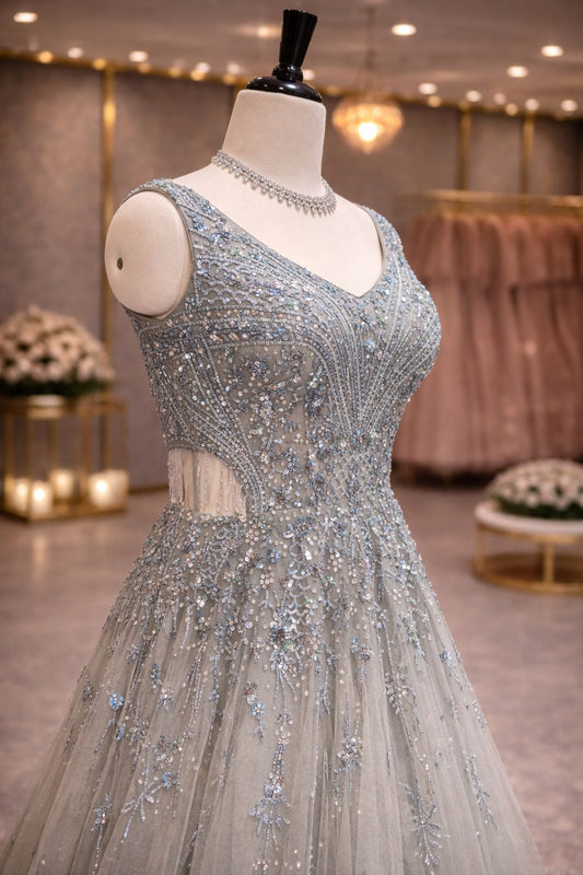 Ice Blue Dream  Elegant Net Gown with Applique Detailing