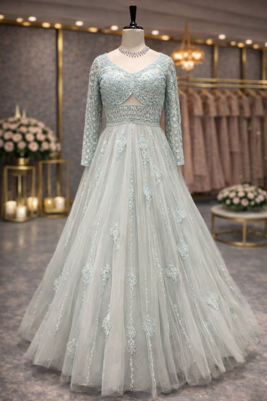 Ice Blue Elegance, Soft Net Gown with Fine Resham Embroidery