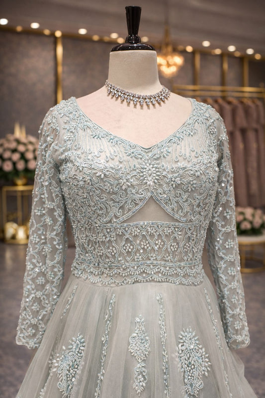 Ice Blue Elegance, Soft Net Gown with Fine Resham Embroidery