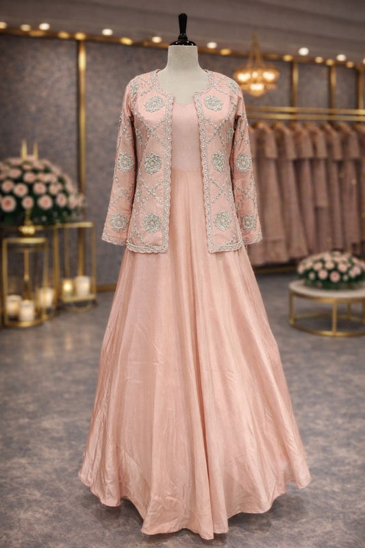 Elegant Baby Pink Indo-Western Gown with Zardozi Embroidered Jacket