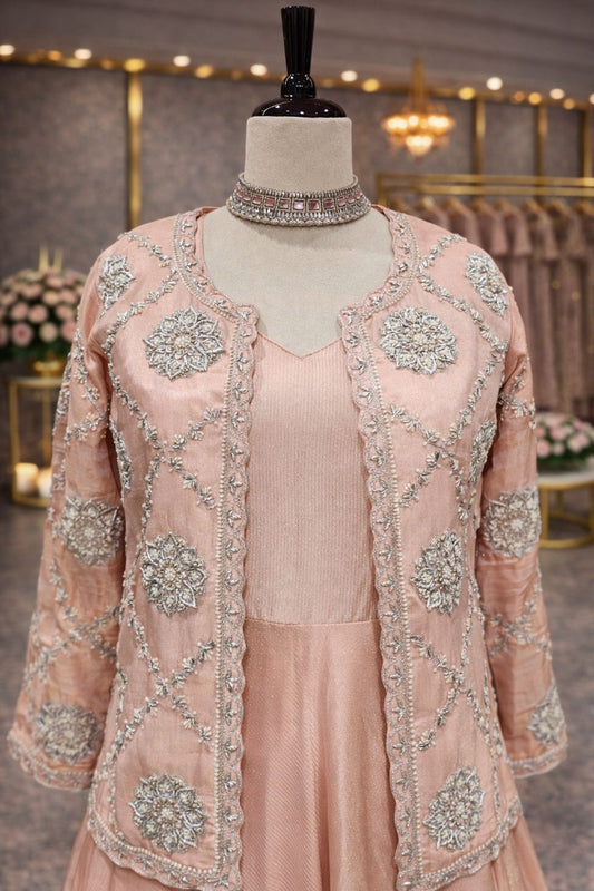 Elegant Baby Pink Indo-Western Gown with Zardozi Embroidered Jacket