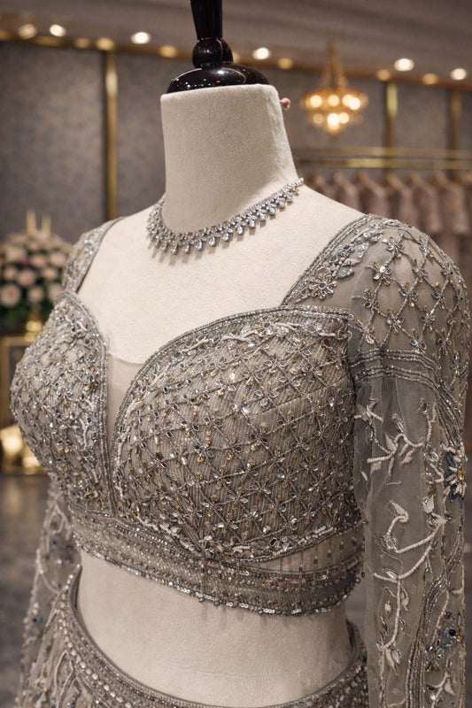 Silver Metallic Designer Lehenga with Antique Resham, Pearl & Mirror Detailing