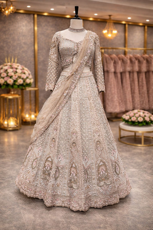 Elegant Pista Green Silk Lehenga with Zardozi Pearl Handwork