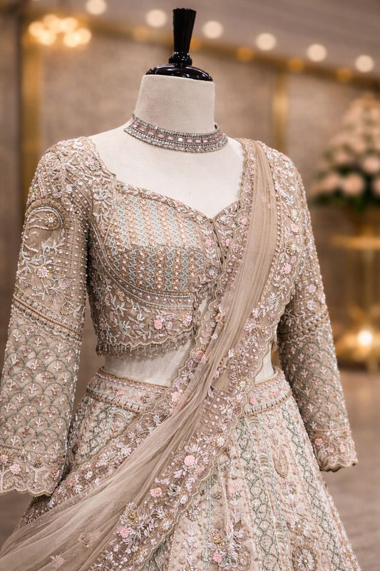 Elegant Pista Green Silk Lehenga with Zardozi Pearl Handwork