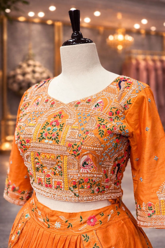 Orange Indo-Western Resham Embroidered Lehenga Set with Heritage Motif Blouse