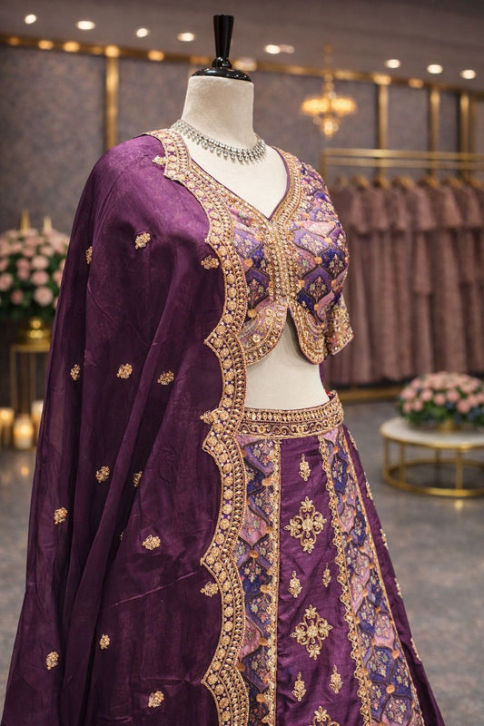 Royal Dark Purple Lehenga with Kasab Zari, Kardana & Sequin Detailing
