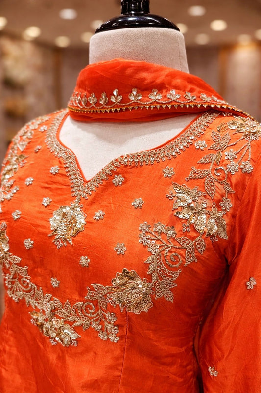 Festive Orange Indo-Western Banarasi Skirt Set with Sequin & Dori Embroidery
