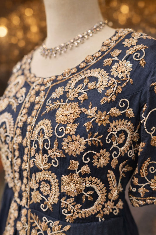 Dark Grey Embroidered Indo-Western Gown with Handcrafted Sequin & Pearl Work