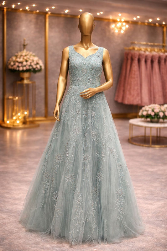 Soft Grey Glam Net Gown with Resham & Sequin Detailing