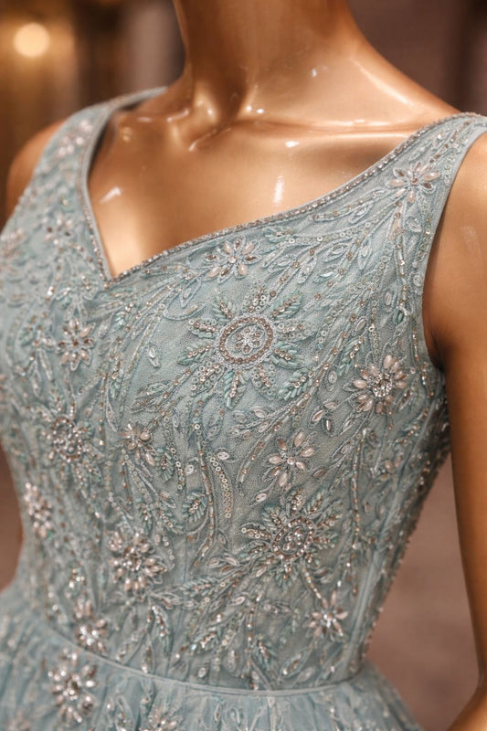 Soft Grey Glam Net Gown with Resham & Sequin Detailing