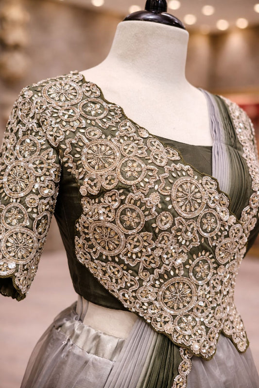 Grey & Olive Green Draped Indo-Western Saree with Beaded Sequin Embroidered Blouse