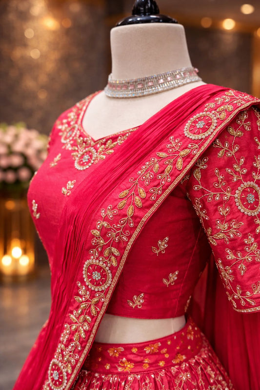 Rani Pink Draped Lehenga with Hand Zardozi & Pearl Embroidery