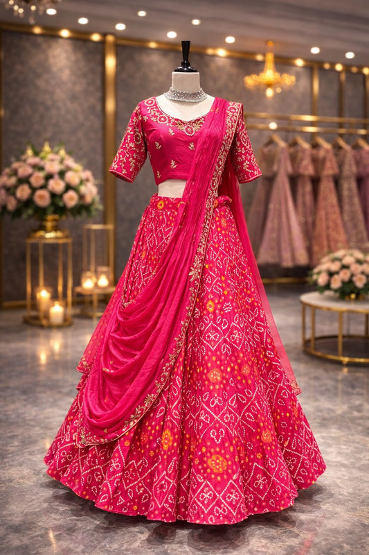 Rani Pink Draped Lehenga with Hand Zardozi & Pearl Embroidery