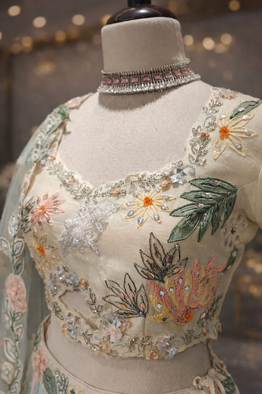 Pastel Garden Lehenga with Silver Bead Detailing & Applique Floral Design