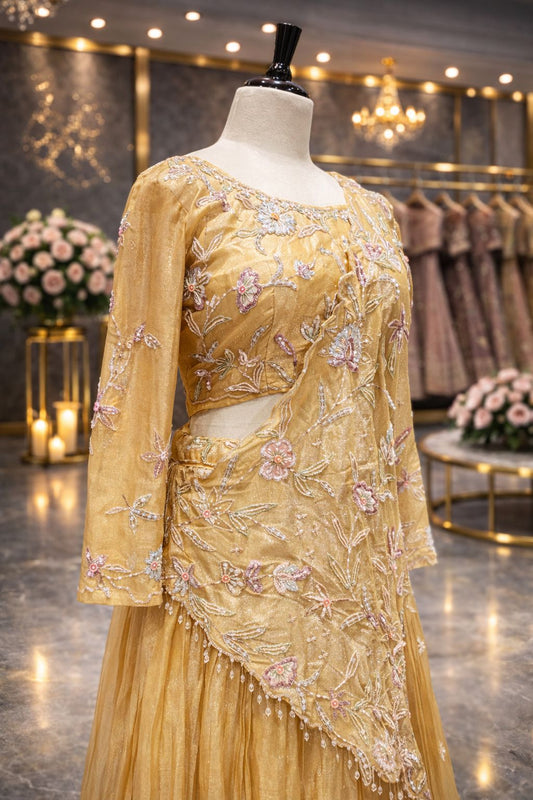 Lemon Yellow Draped Indo-Western Gown with Multicolor Bead & Sequin Embroidery