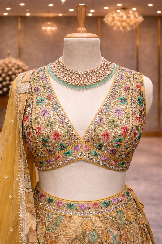 Sunlit Yellow Banarasi Lehenga with Colorful Resham Embroidered Blouse