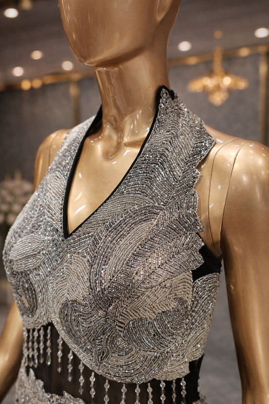Midnight Glam Silver & Black Embroidered Evening Gown with Kasab Zari & Kardana Work