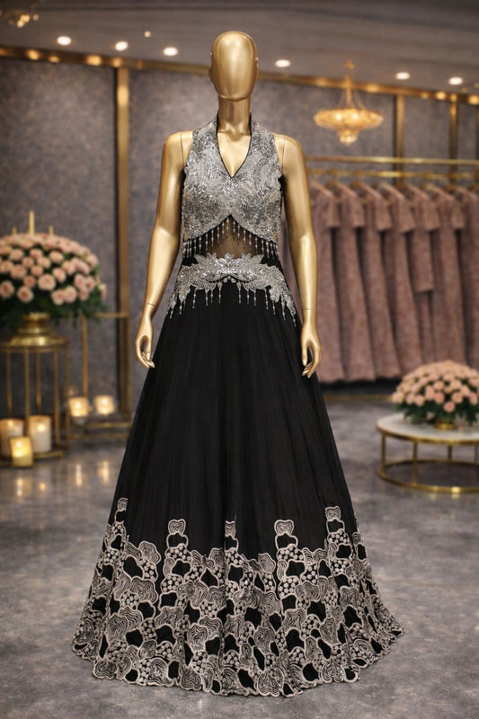 Midnight Glam Silver & Black Embroidered Evening Gown with Kasab Zari & Kardana Work