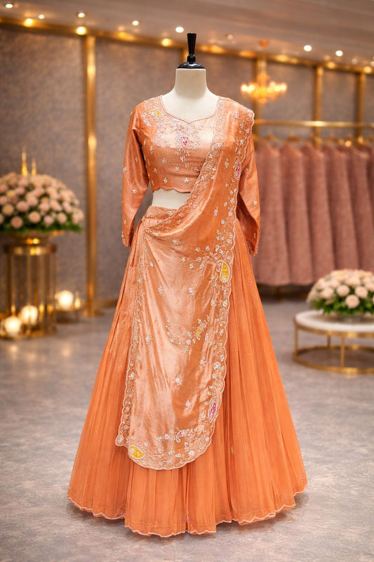 Orange Draped Indo-Western Lehenga with Hand Gota Patti & Zardozi Embroidery