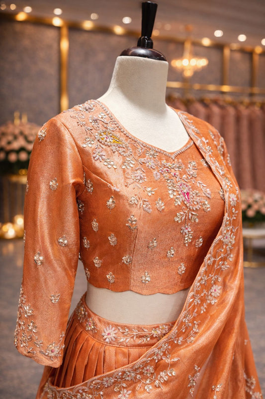 Orange Draped Indo-Western Lehenga with Hand Gota Patti & Zardozi Embroidery