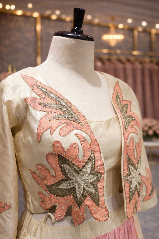 Ivory & Baby Pink Indo-Western Lehenga with Zardozi Patchwork Jacket