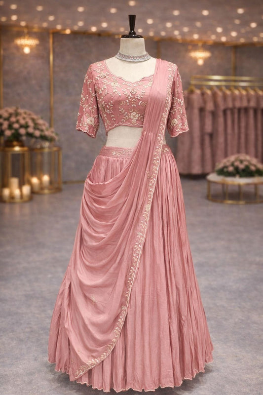 Onion Pink Draped Indo-Western Lehenga with Pearl & Zardozi Embroidery