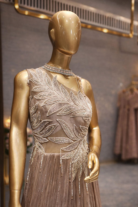 Rose Gold Beaded & Silver Kardana Cocktail Evening Gown