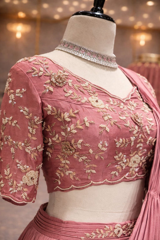 Onion Pink Draped Indo-Western Lehenga with Pearl & Zardozi Embroidery