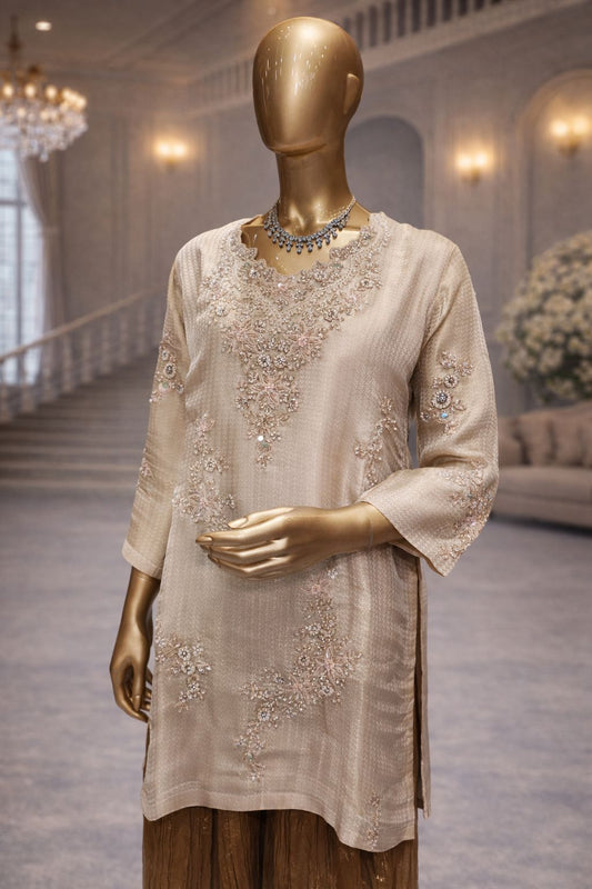Beige Golden & Olive Green Sharara Set with Hand Kardana, Sequin and Zardozi Work