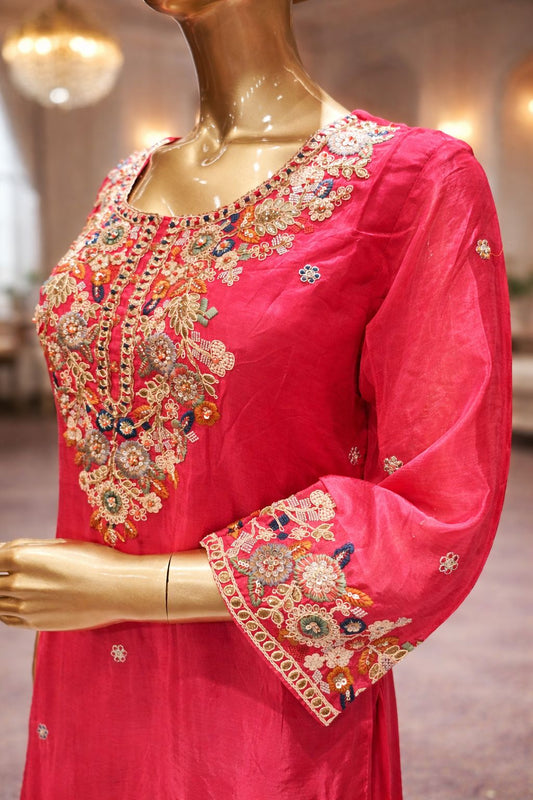 Royal Gajri Pink Crepe Silk Sharara Set with Rashem & Kardana Hand Embroidery