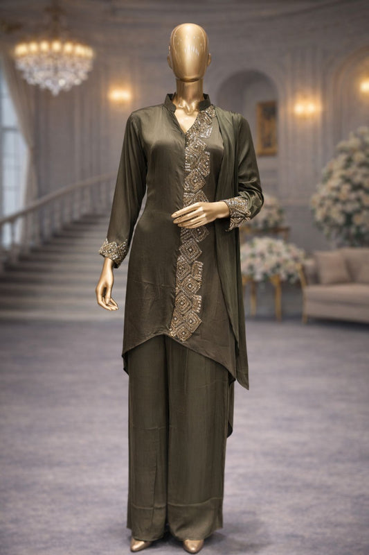 Emerald Grace Sharara Set with Pipe & Bead Hand Embellishment