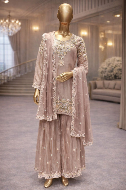 Blush Elegance Light Onion Pink Sharara Set with Handcrafted Rashem & Kardana Detailing