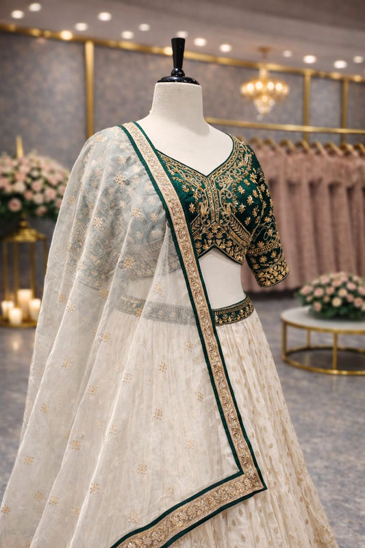 Elegant Ivory & Green Bridal Lehenga with Rich Banarasi Weaving & Zardozi Detailing