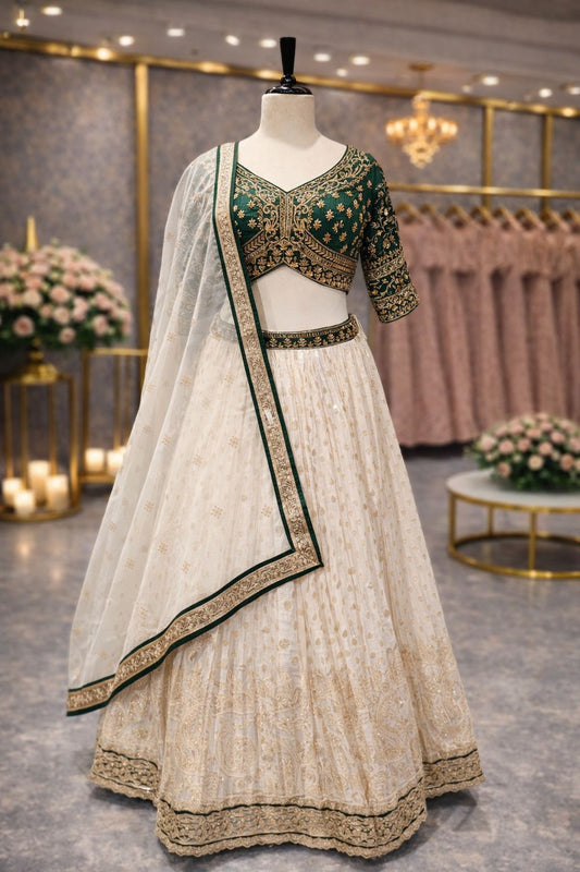 Elegant Ivory & Green Bridal Lehenga with Rich Banarasi Weaving & Zardozi Detailing