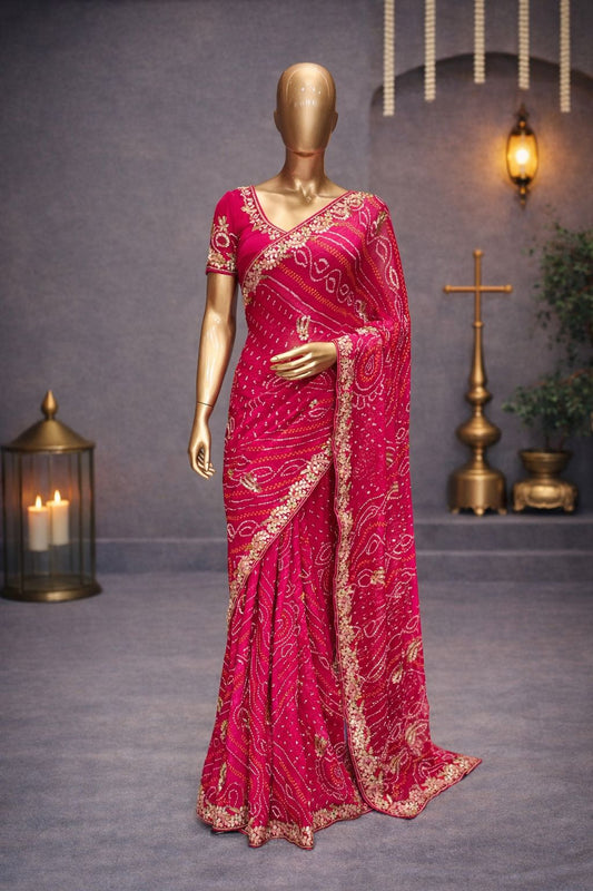 Royal Pink Bandhej Saree with Gotta Patti & Kundan Zardozi Work