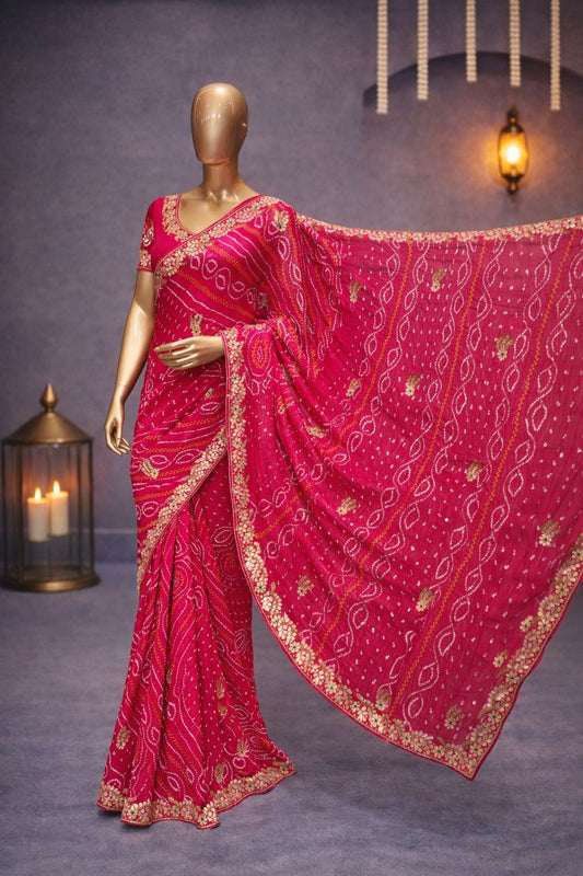 Royal Pink Bandhej Saree with Gotta Patti & Kundan Zardozi Work