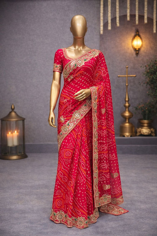 Graceful Red Bandhej Saree with Gotta Patti, Kundan & Zardozi Thread Work