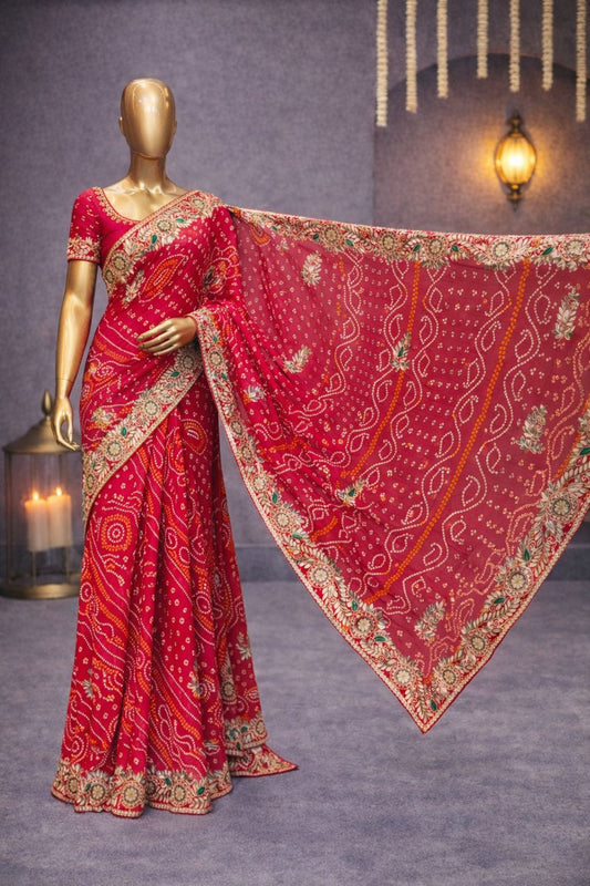 Graceful Red Bandhej Saree with Gotta Patti, Kundan & Zardozi Thread Work