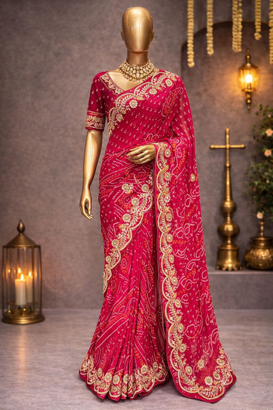 Festive Pink Bandhej Saree with Gotta Patti, Kundan & Zardozi Detailing