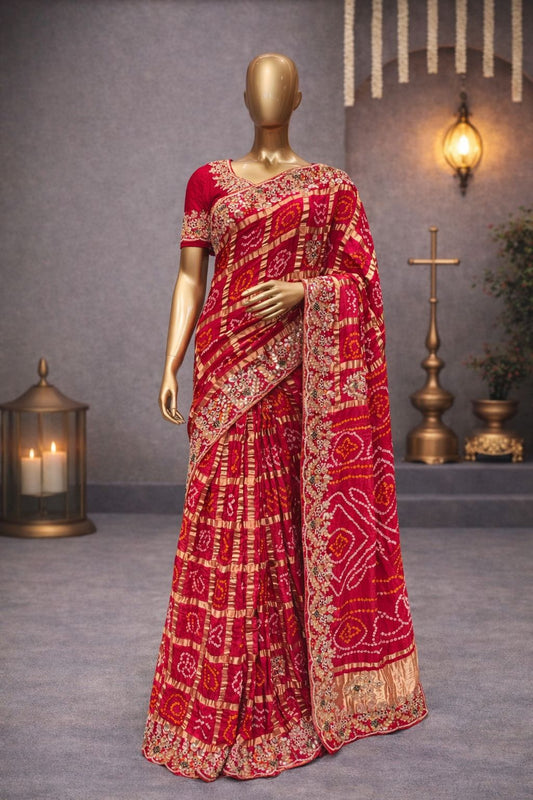 Traditional Red Gajji Silk Bandhej Saree with Gotta Patti & Zardozi Handwork
