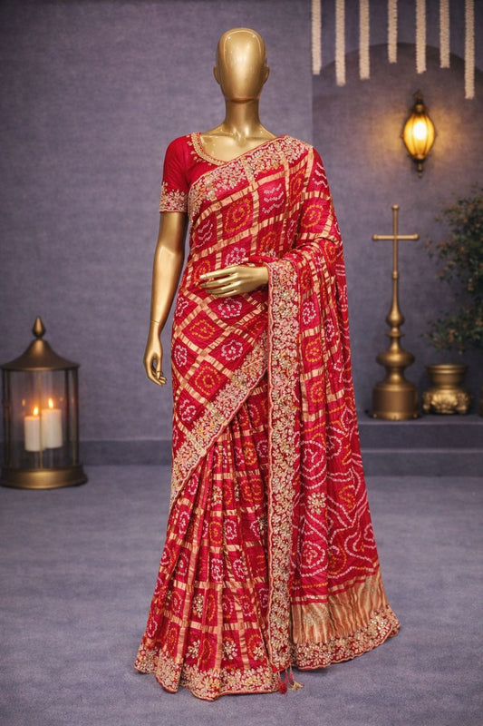 Red Gajji Silk Bandhej Saree with Gotta Patti, Zardozi & Kundan Handwork