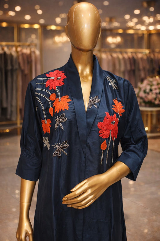 Midnight Bloom Navy Blue Cotton Silk Tunic Dress with Elegant Beads Embroidery