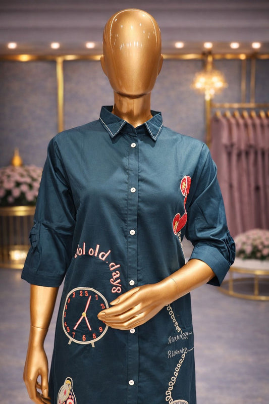 Stylish Teal Green Cotton Silk Tunic Dress with Sequin & Thread Artistic Embroidery