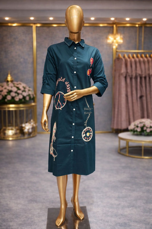 Stylish Teal Green Cotton Silk Tunic Dress with Sequin & Thread Artistic Embroidery