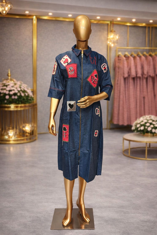 Trendy Indigo Blue Cotton Silk Tunic Dress with Beads & Sequin Patchwork Designs