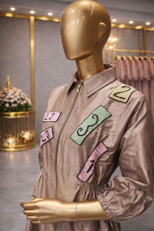 Chic Champagne Beige Cotton Silk Tunic Dress with Artistic Beads Patchwork